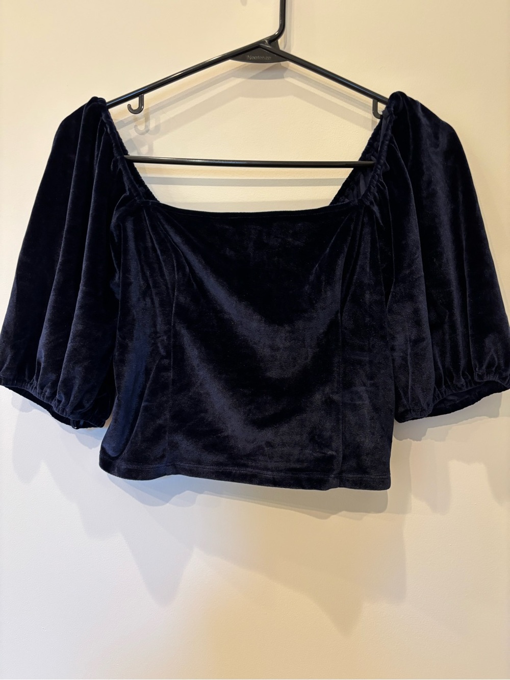 Abercrombie & Fitch Navy Velvet Puff-Sleeve Square Neck Crop Top